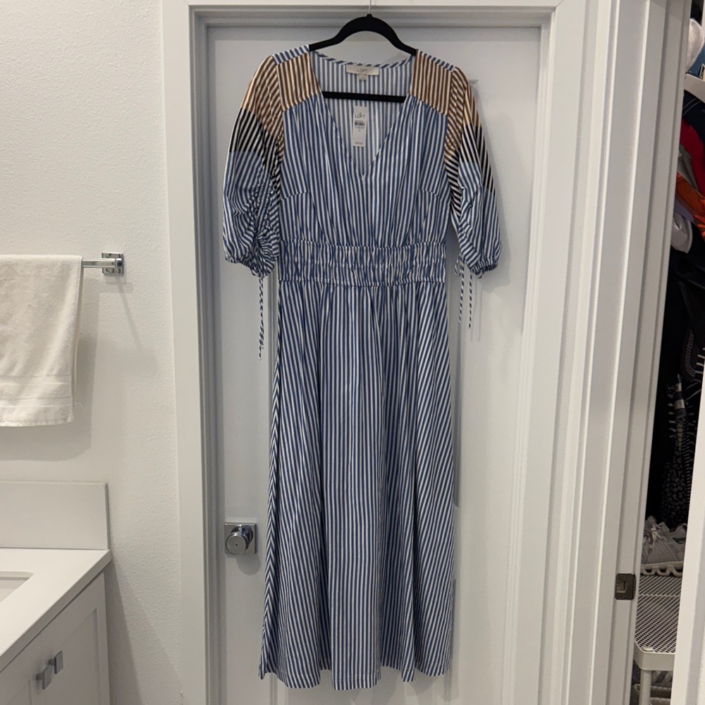 LOFT Elegant Long Sleeve Striped Dress in Blue and Brown